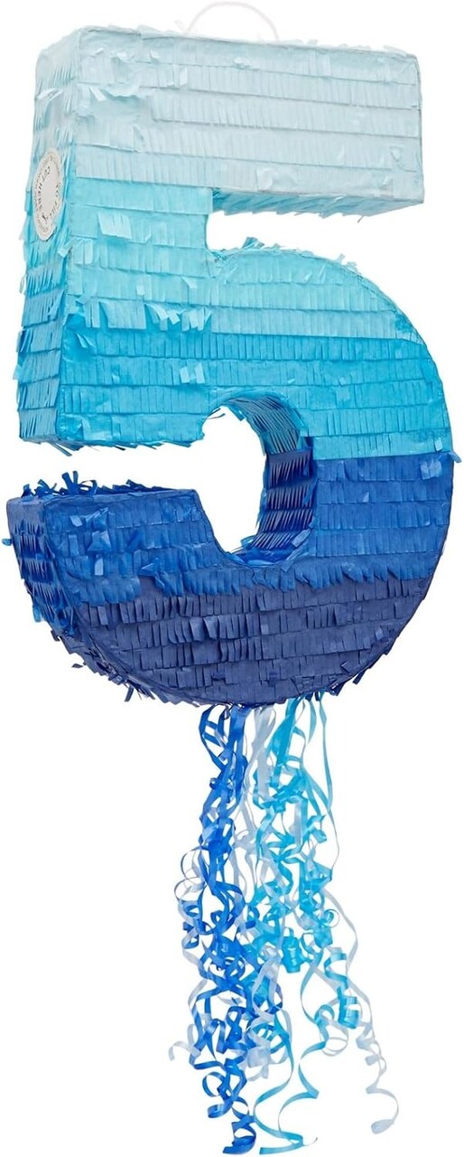 Ombre Blue Number 5 Pull String Pinata, Party Game for Kids, 16.5 x 11.3 In Fillable Hanging Decoration for 5th Birthday Decorations for Boys Girls, Holds Candy, Toys, Confetti